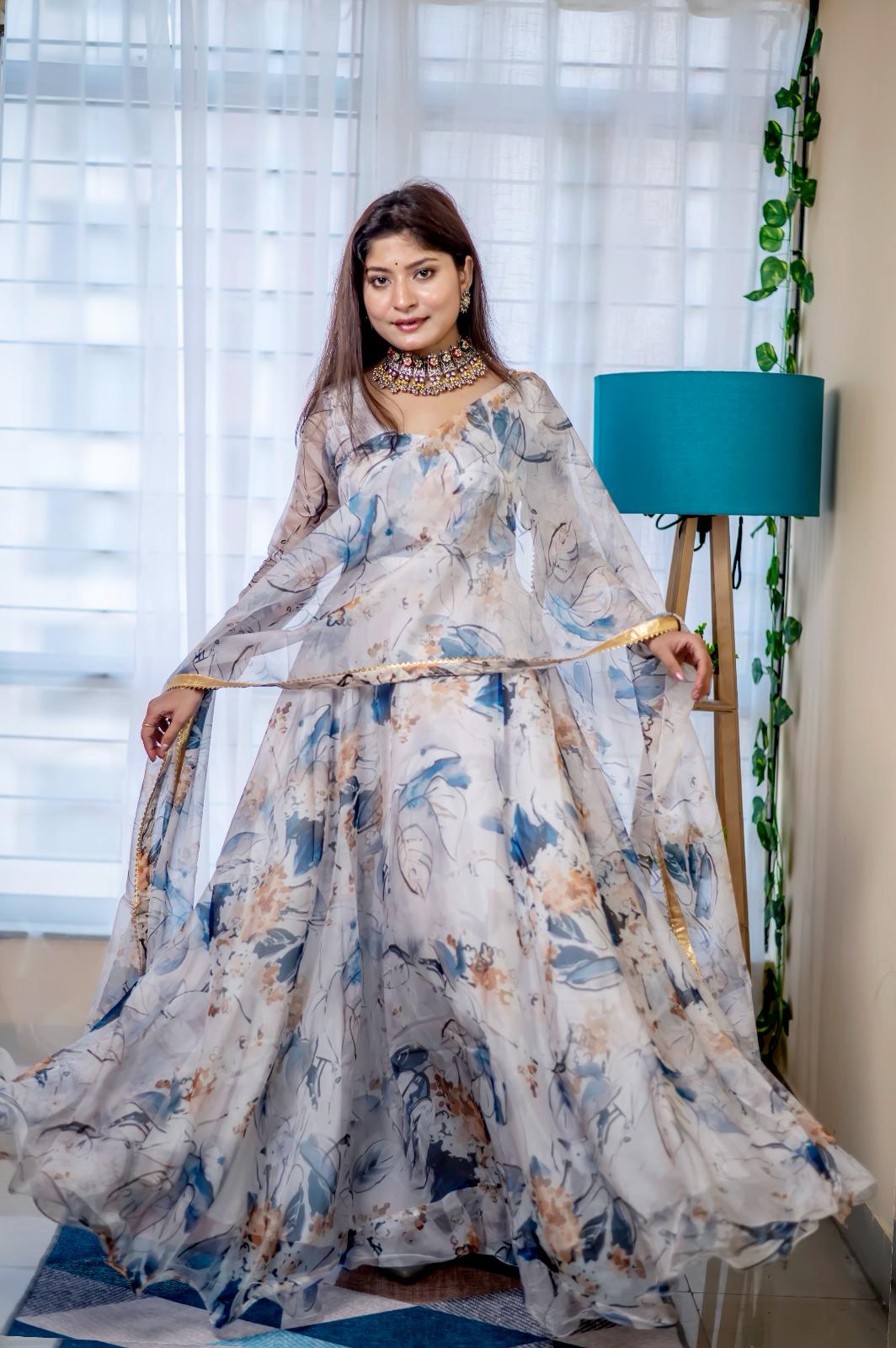 New Party Wear Look Organza Taby Silk Gown With Dupatta - Clothebelle