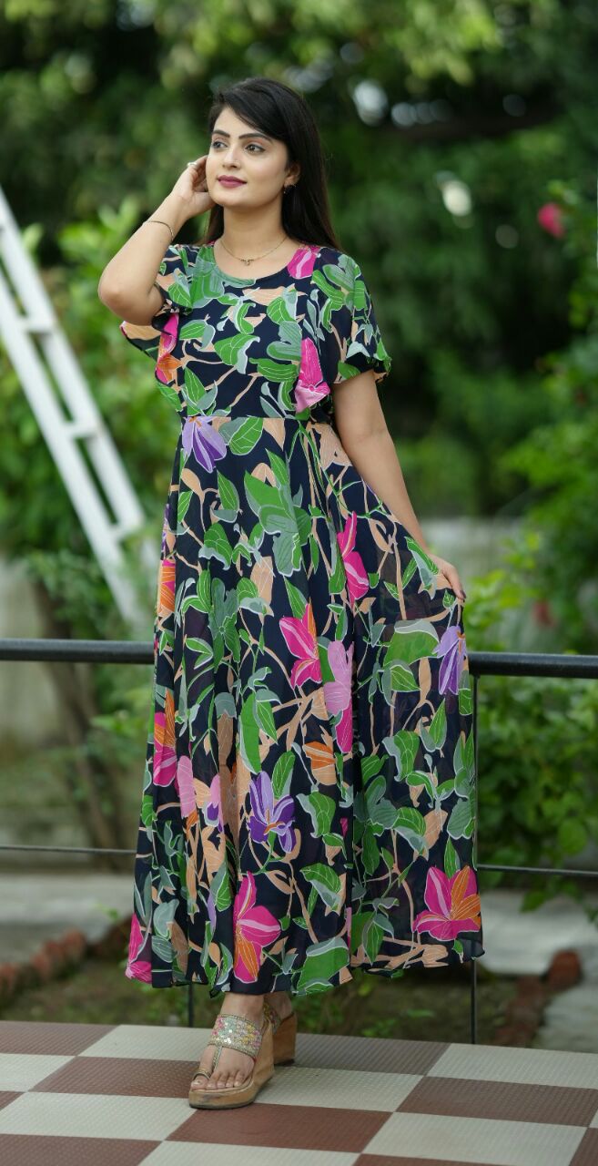 Georgette long maxi dress with digital print - Clothebelle