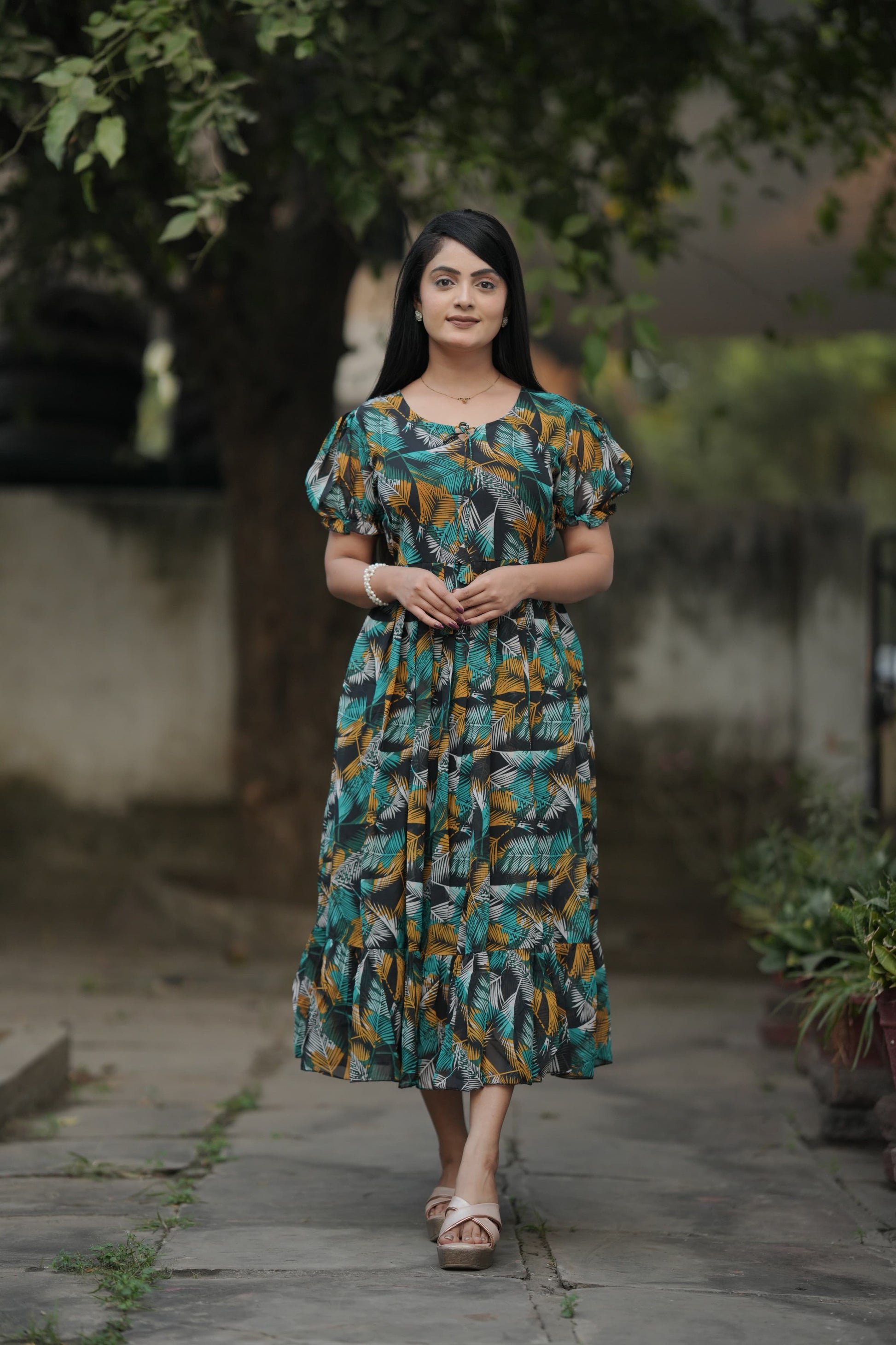 Georgette long maxi dress with digital print - Clothebelle