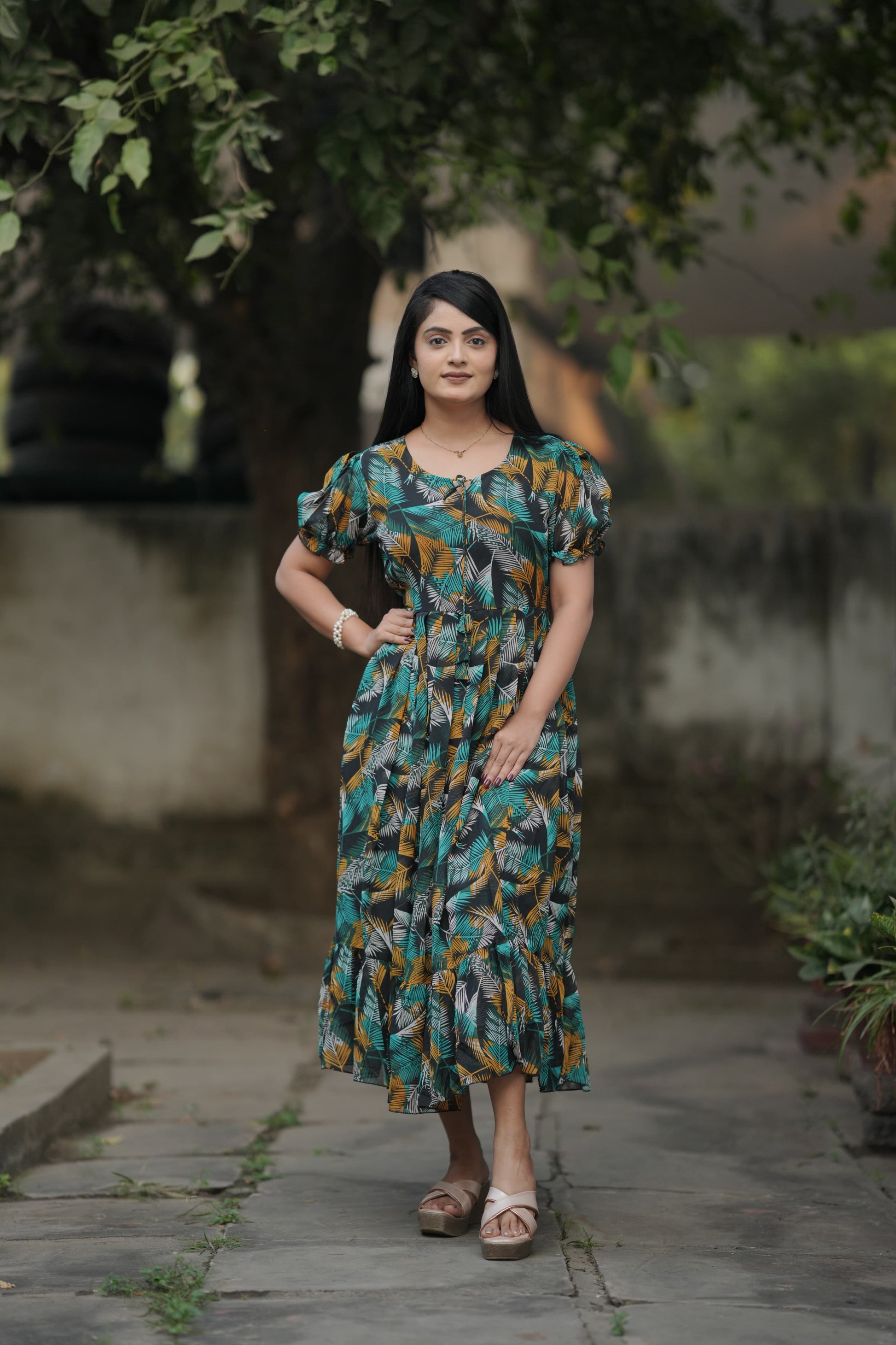 Georgette long maxi dress with digital print - Clothebelle