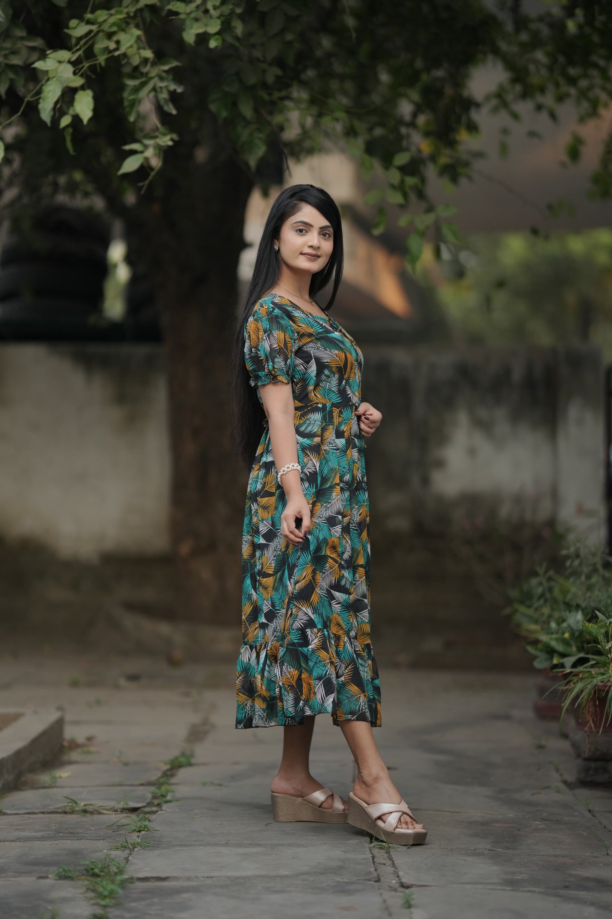 Georgette long maxi dress with digital print - Clothebelle