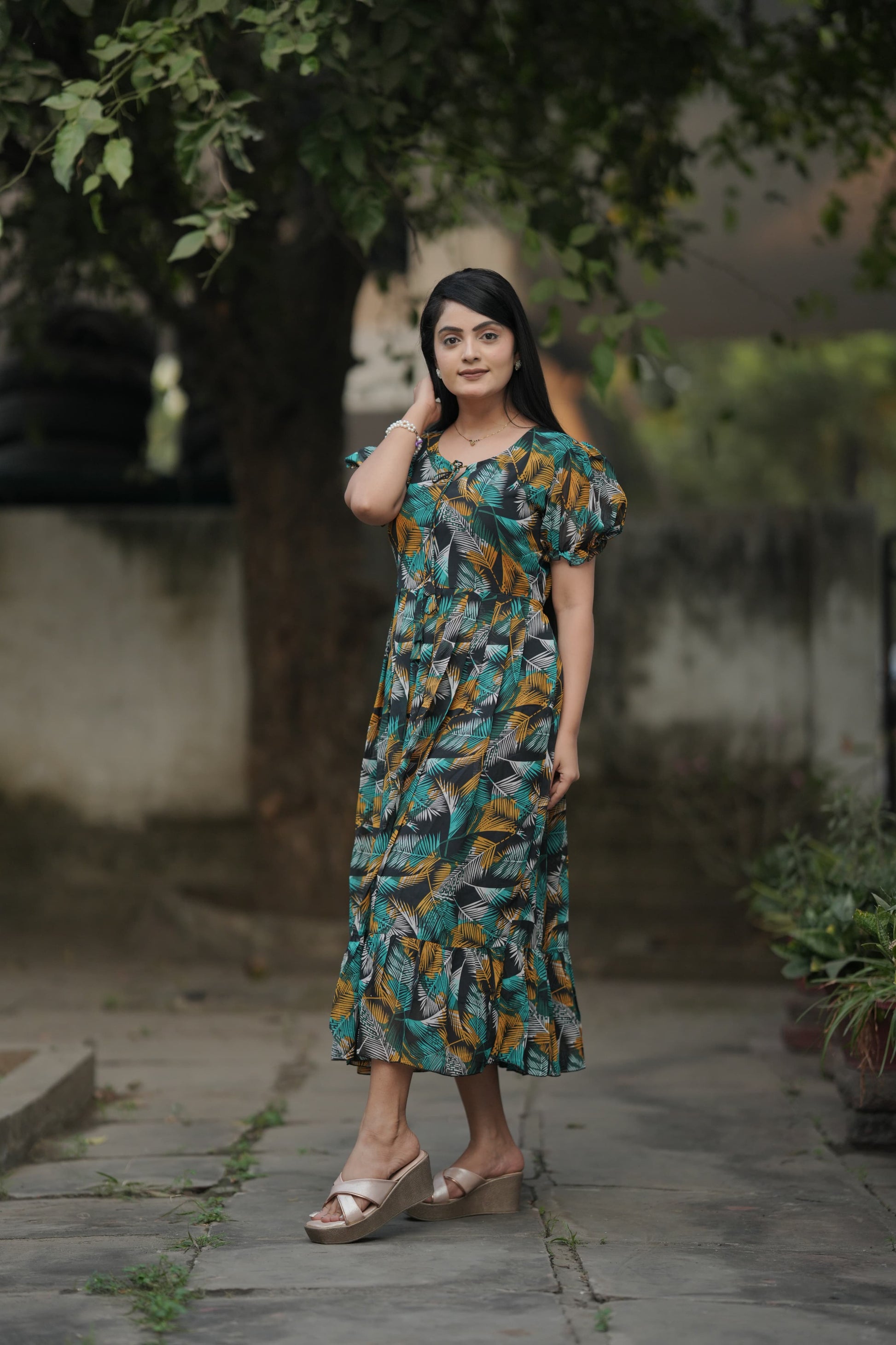 Georgette long maxi dress with digital print - Clothebelle