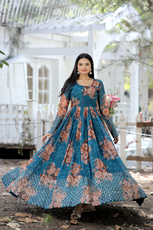 Designer Gown with high quality Faux Georgette Floral printed Made by Zari-Thread &amp; Sequins Embroidery - Clothebelle