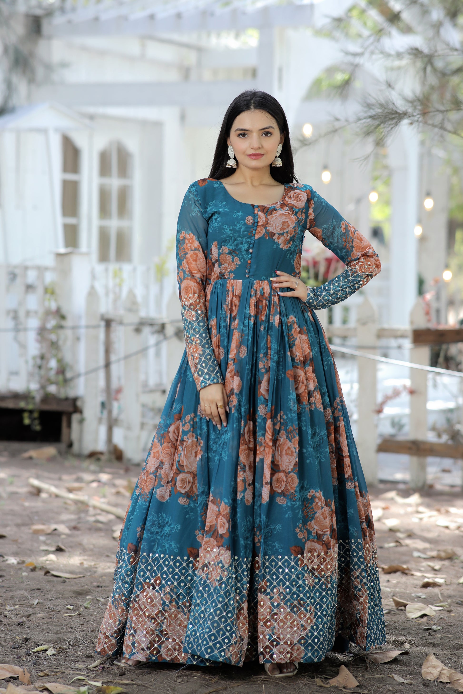 Designer Gown with high quality Faux Georgette Floral printed Made by Zari-Thread &amp; Sequins Embroidery - Clothebelle