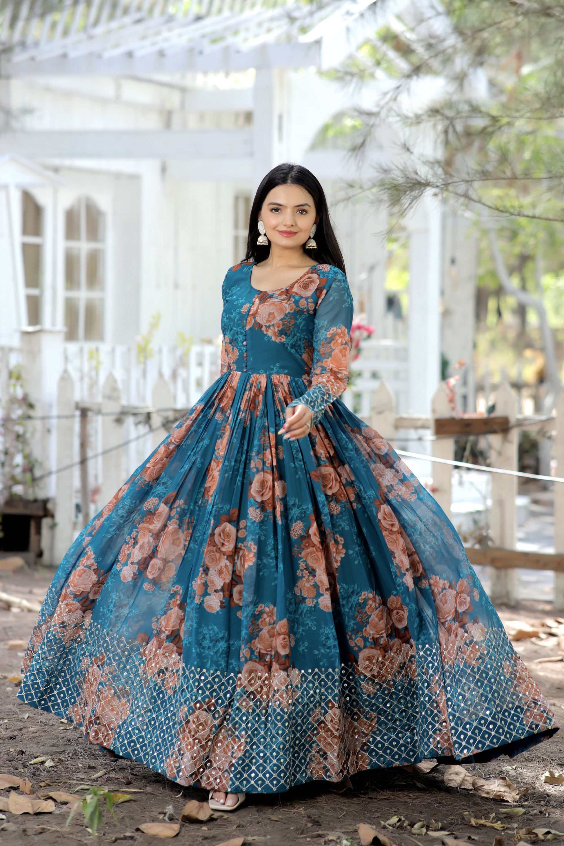 Designer Gown with high quality Faux Georgette Floral printed Made by Zari-Thread &amp; Sequins Embroidery - Clothebelle