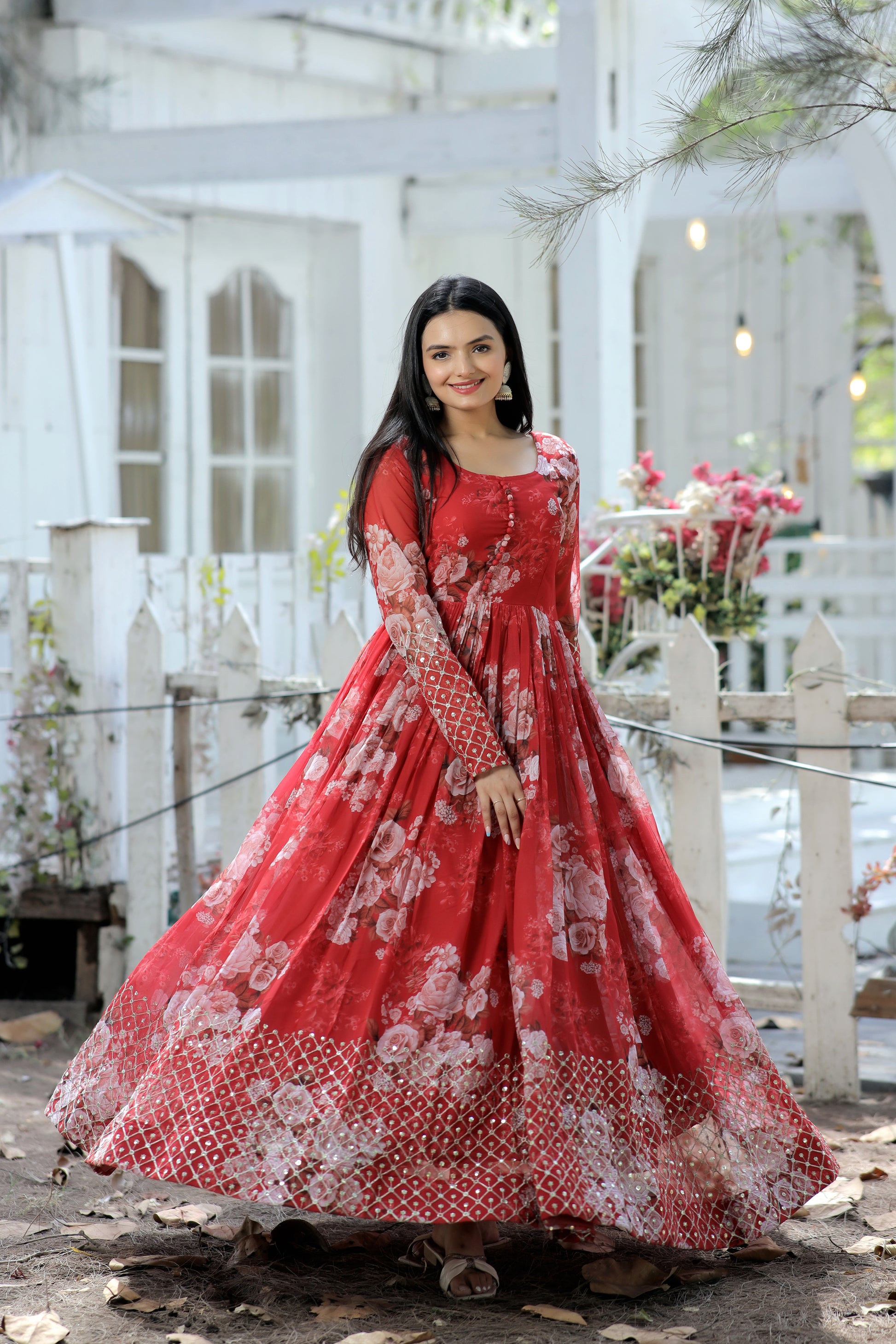 Designer Gown with high quality Faux Georgette Floral printed Made by Zari-Thread &amp; Sequins Embroidery - Clothebelle