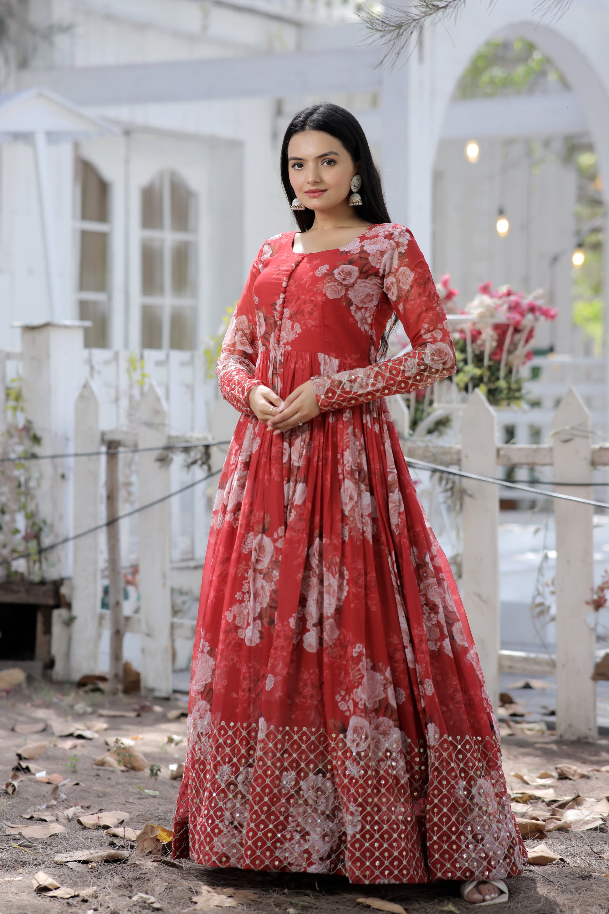 Designer Gown with high quality Faux Georgette Floral printed Made by Zari-Thread &amp; Sequins Embroidery - Clothebelle