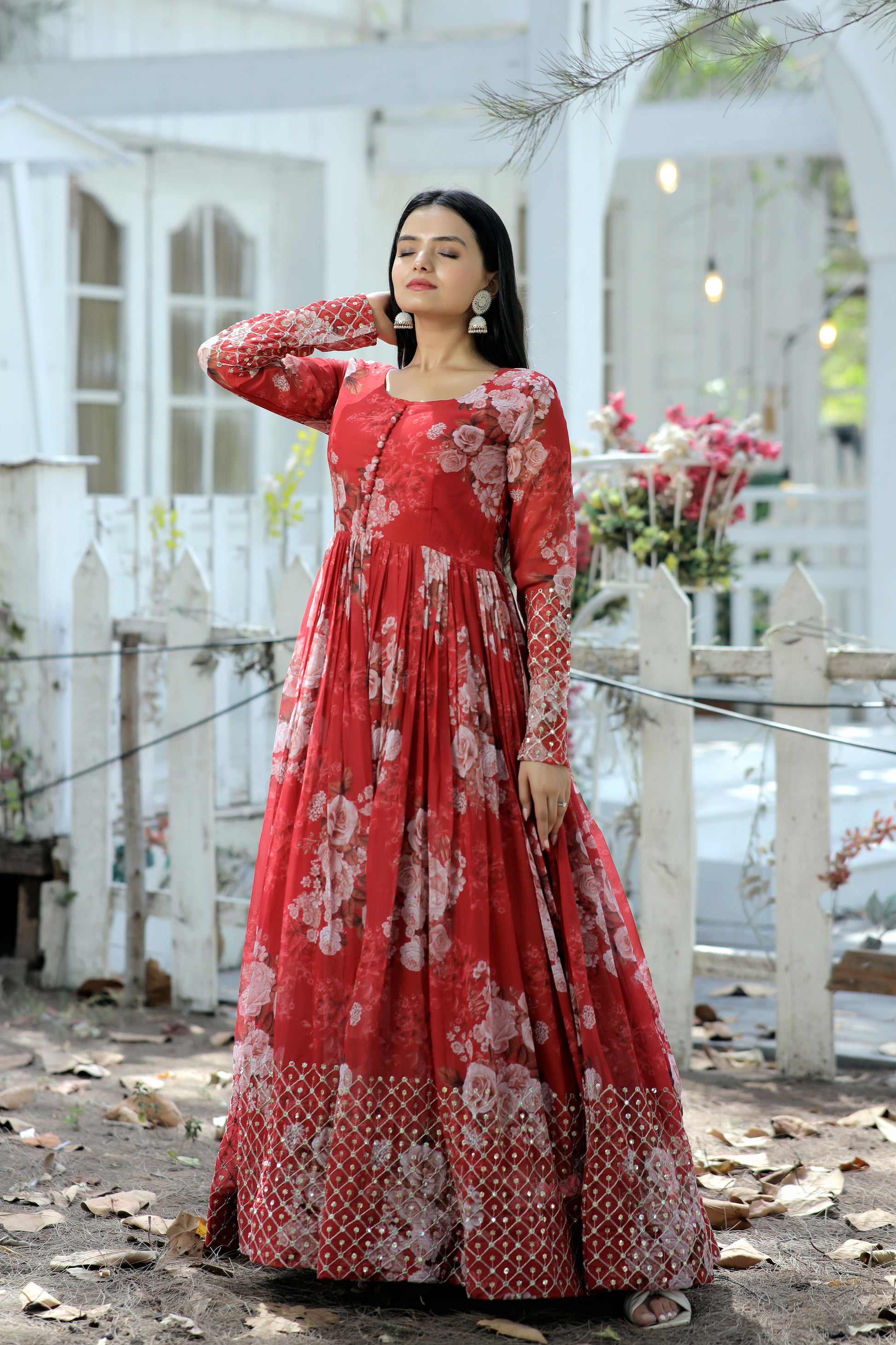 Designer Gown with high quality Faux Georgette Floral printed Made by Zari-Thread &amp; Sequins Embroidery - Clothebelle