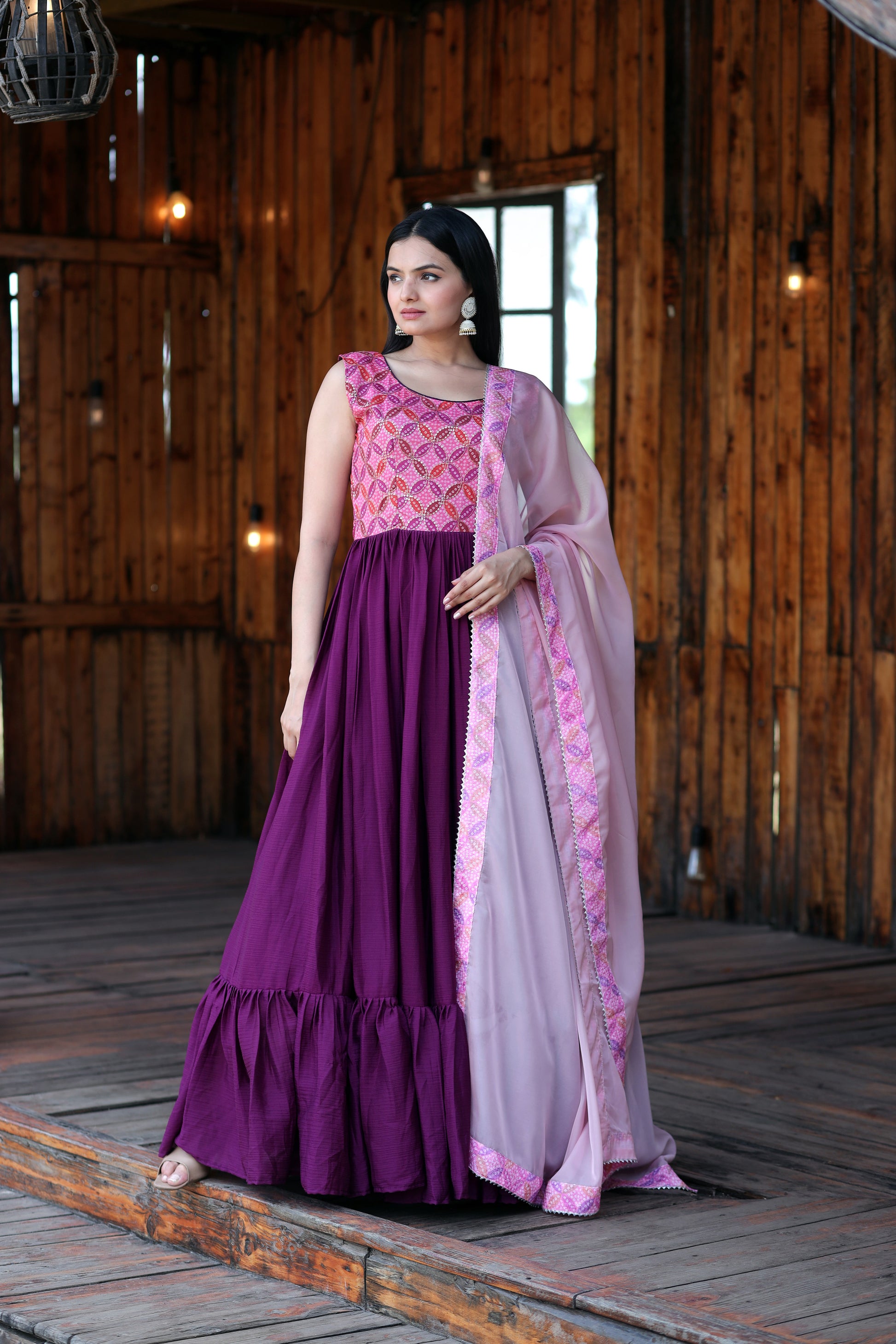 Gown Dupatta set with Chinnon with Sequins &amp; Position Print Work - Clothebelle