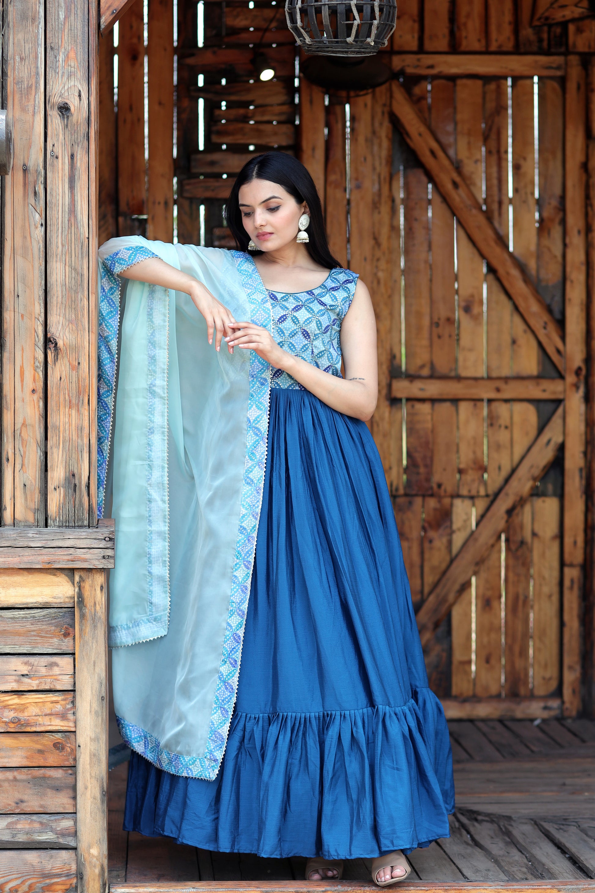 Gown Dupatta set with Chinnon with Sequins &amp; Position Print Work - Clothebelle