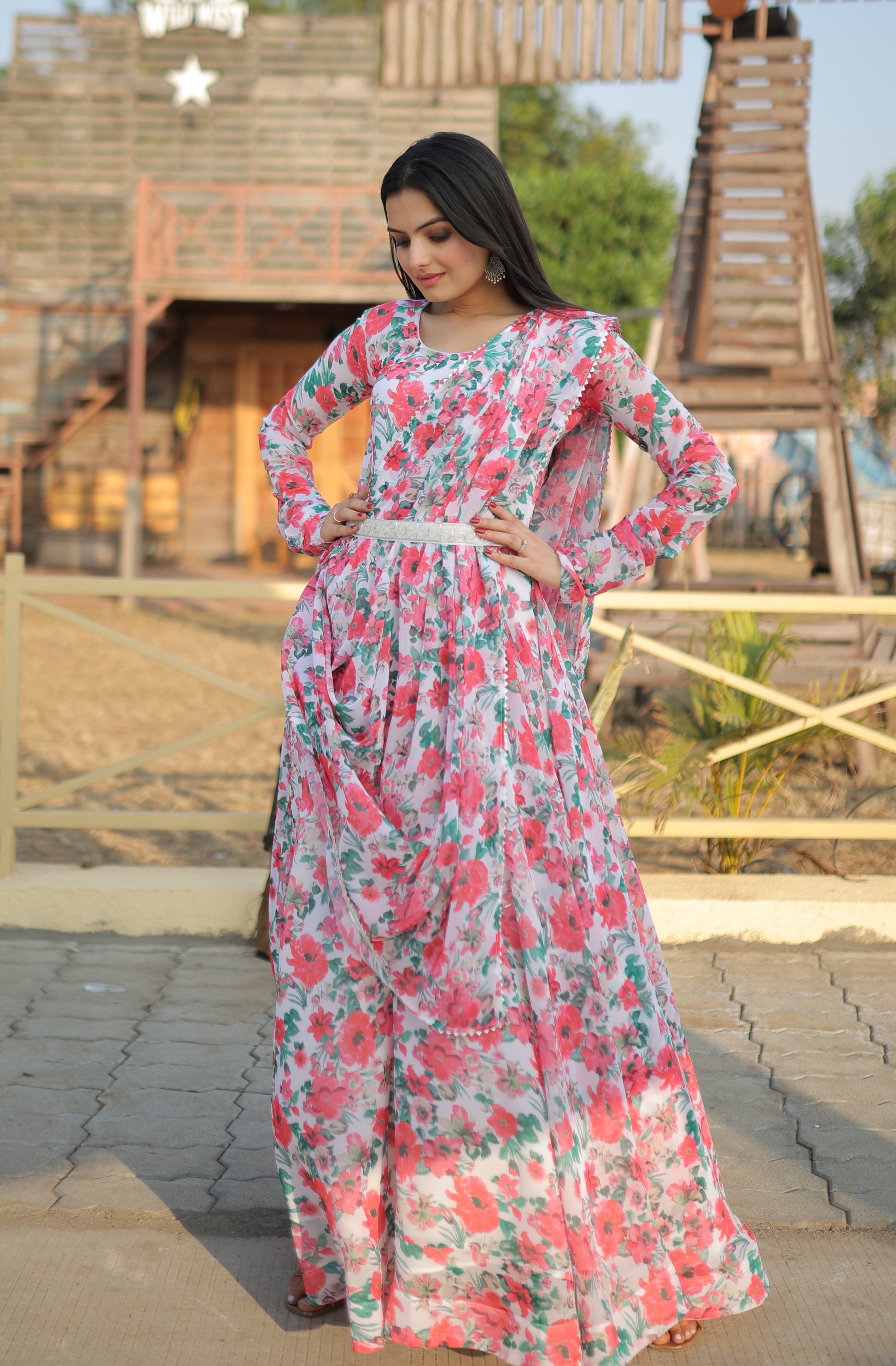 Faux Georgette with unique Flower Print and pure fabric Georgette gown - Clothebelle