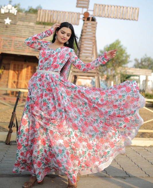 Faux Georgette with unique Flower Print and pure fabric Georgette gown - Clothebelle