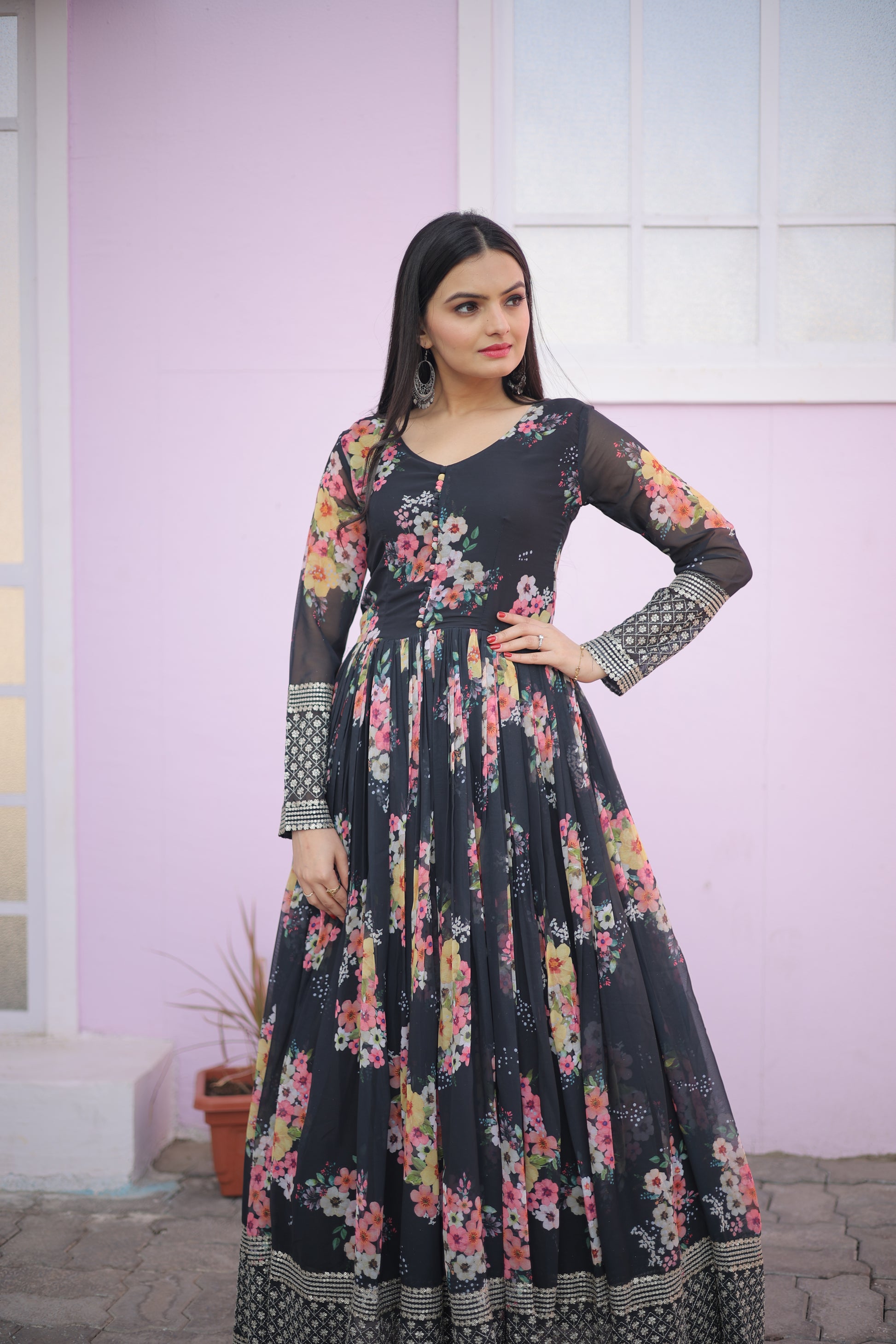 Designer Gown with  luxury clothing high quality & Faux Georgette Floral printed - Clothebelle