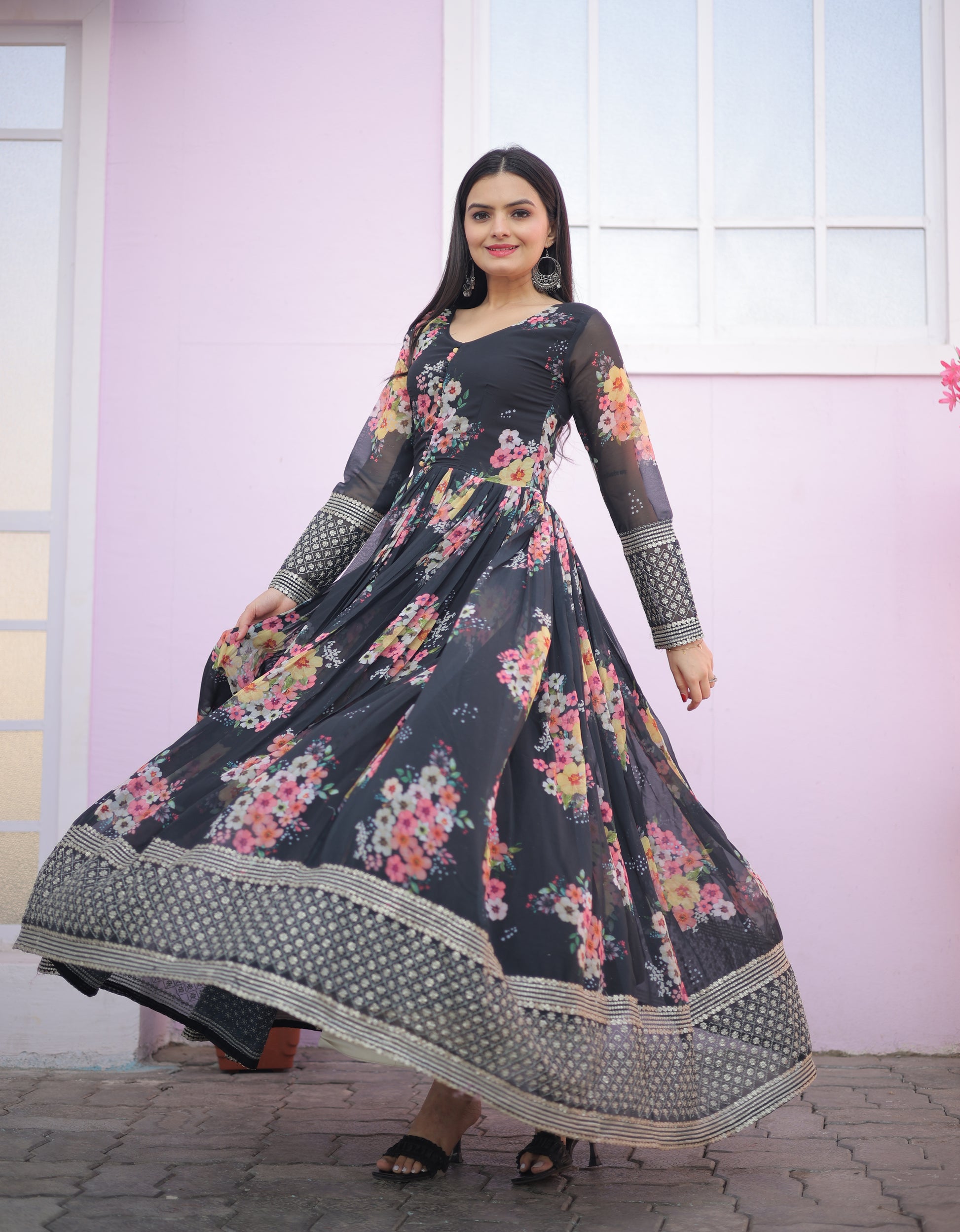 Designer Gown with  luxury clothing high quality & Faux Georgette Floral printed - Clothebelle