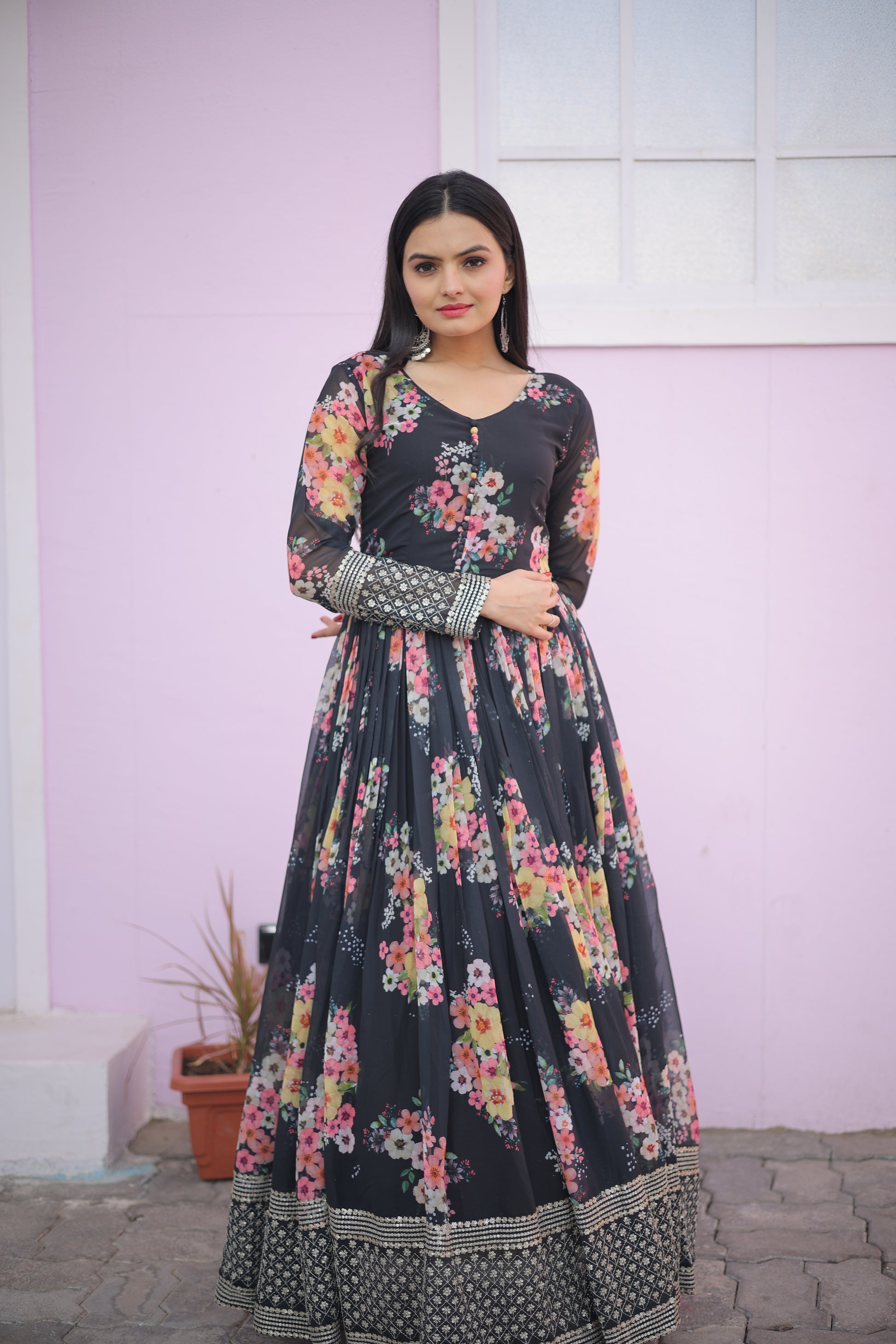 Designer Gown with  luxury clothing high quality & Faux Georgette Floral printed - Clothebelle