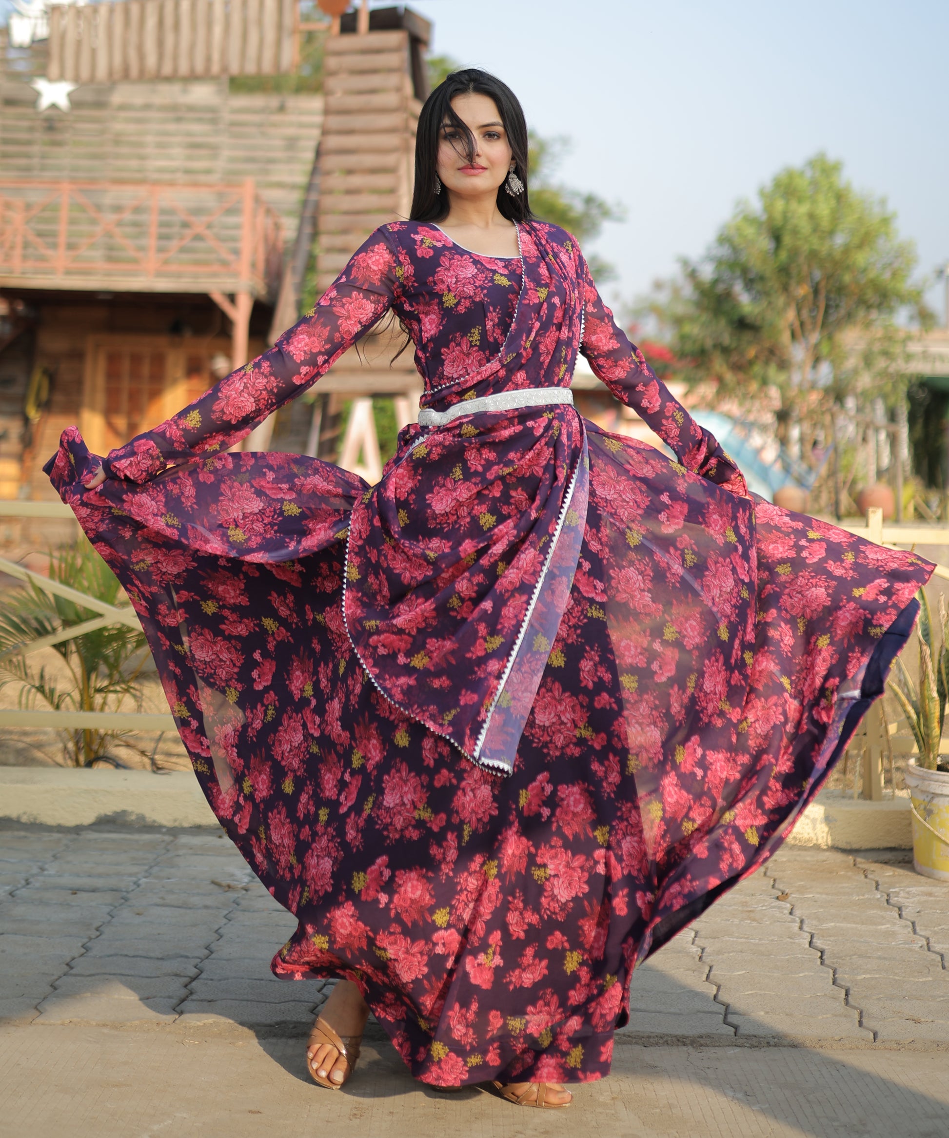 Faux Georgette with unique Flower Print and pure fabric Georgette gown - Clothebelle