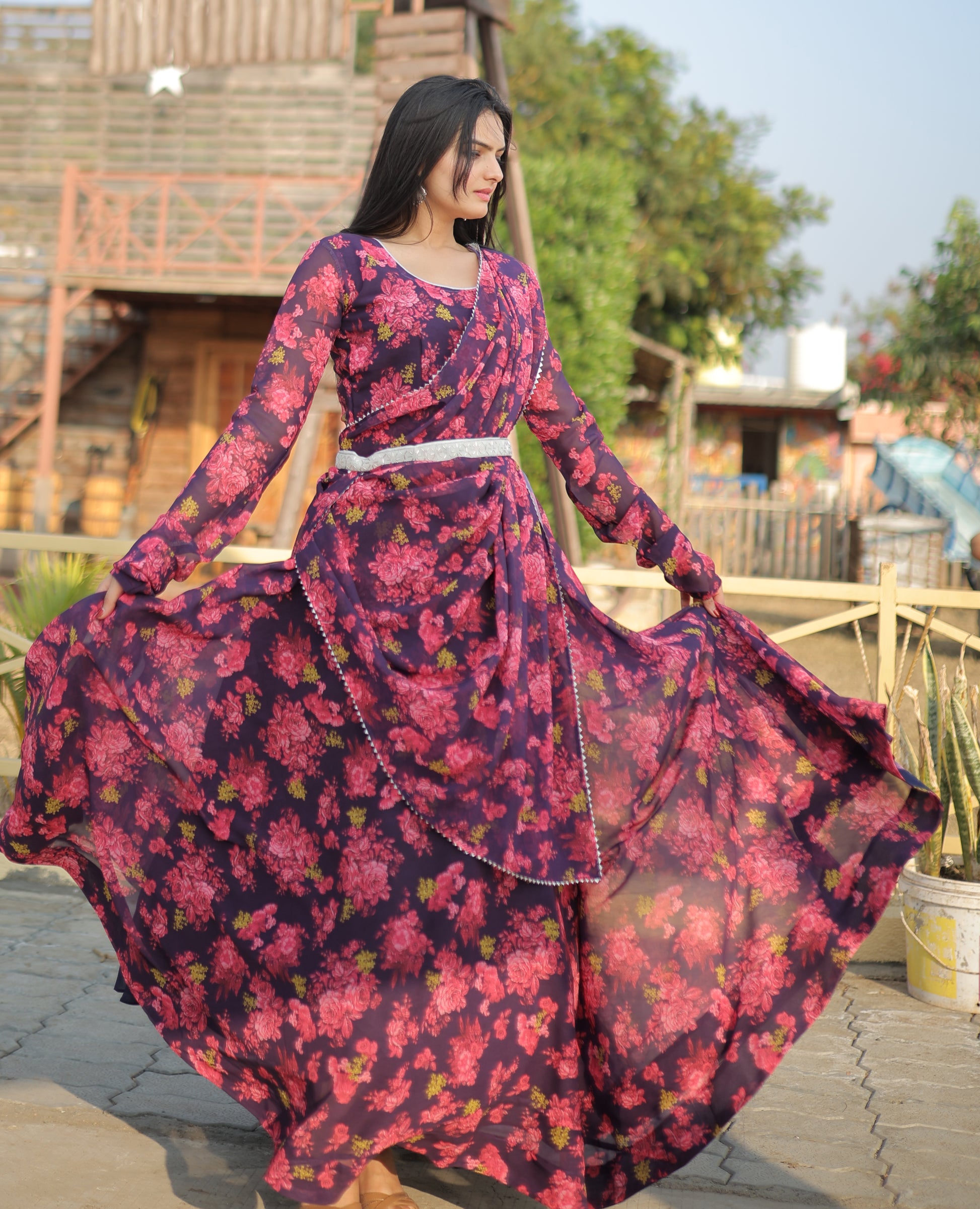 Faux Georgette with unique Flower Print and pure fabric Georgette gown - Clothebelle