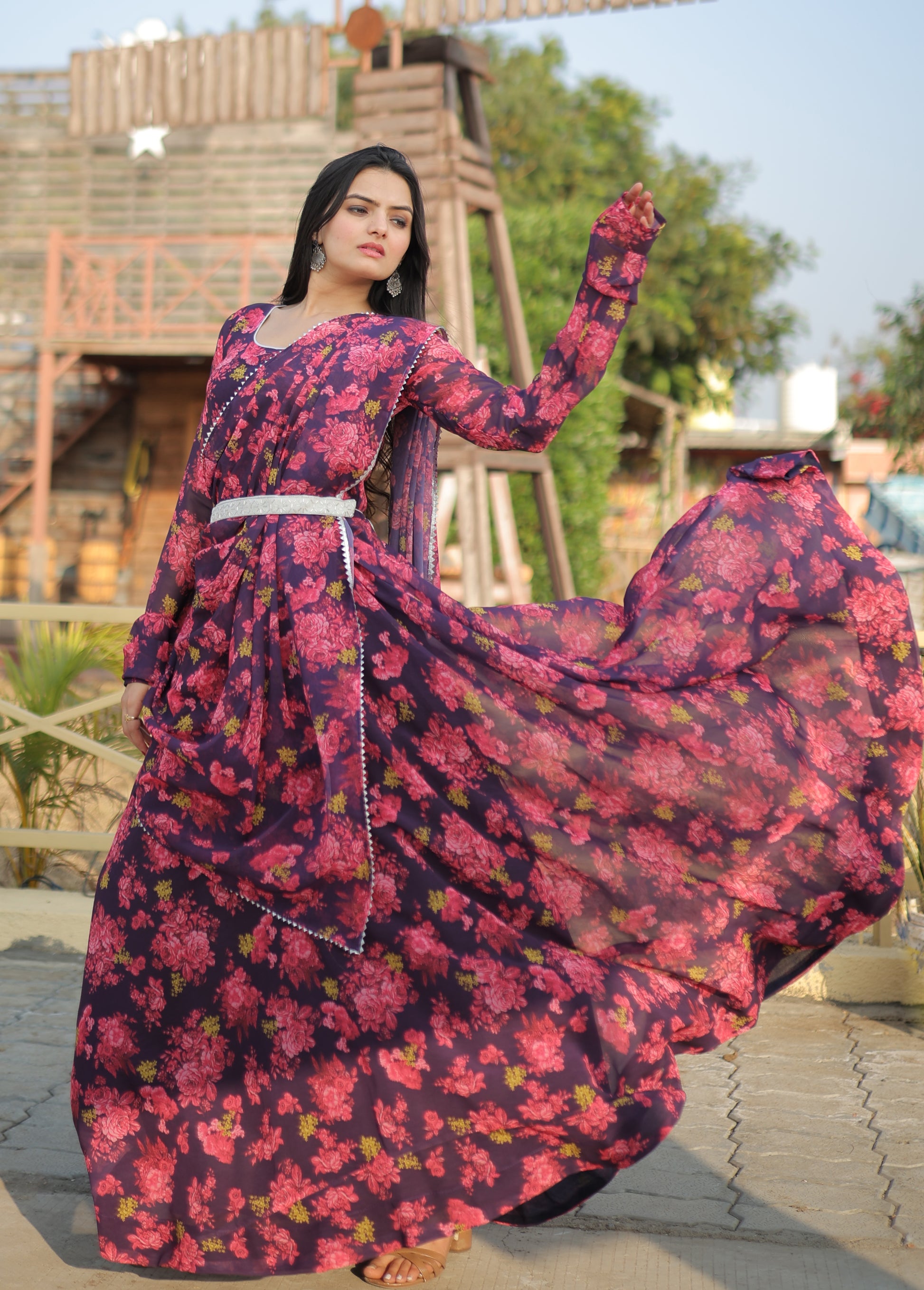 Faux Georgette with unique Flower Print and pure fabric Georgette gown - Clothebelle