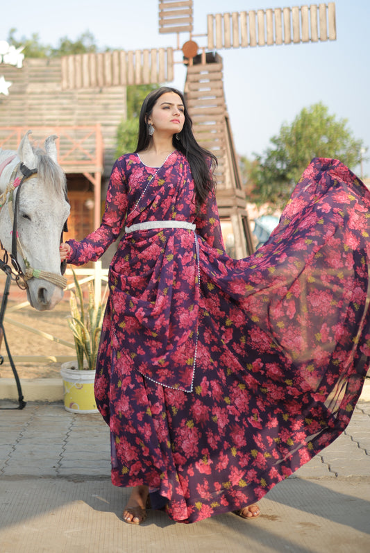 Faux Georgette with unique Flower Print and pure fabric Georgette gown - Clothebelle